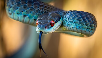 Close up of a blue snake with red eyes and tongue sticking out on blurred background