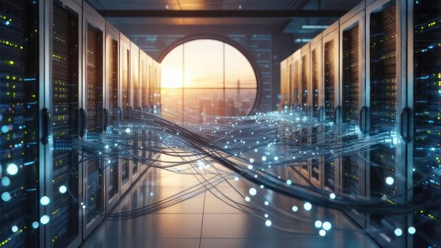 Powerful data center at sunrise with gleaming servers and fiber optic cables, showcasing advanced technology and secure cloud computing solutions worldwide - Powered by Adobe