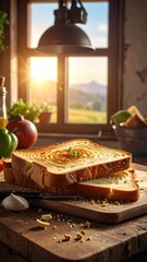 Obraz premium Golden Slices of Bread on Wooden Cutting Board with Countryside View from Window at Sunset