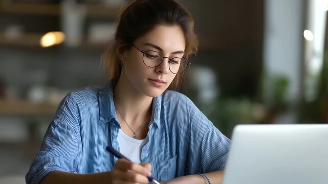 A young woman attending an online training session focused on digital management modules displayed on her laptop pen and notebook at hand for notes cozy home environment with