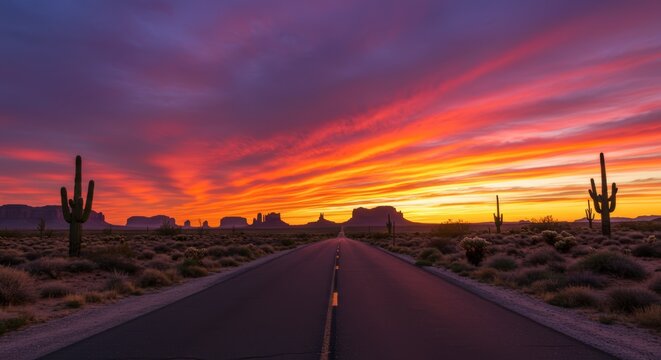 Spectacular sunset over desert road framed by cacti silhouette against vibrant sky scenery