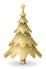 3D decorated golden Christmas tree isolated on white background graphic illustration.