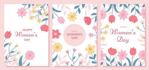 March 8, Women's day cards with flowers. Templates for posters, greeting cards, invitations, covers for Women's day.