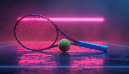 Neon Tennis Racket and Ball on Wet Court, Sport Concept