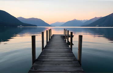 Obraz premium tranquil lake scene golden hour weathered wooden dock stretching calm waters set soft