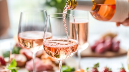 Pouring rose wine into glasses at elegant outdoor dinner party setting