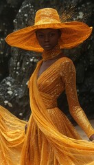 Luxury Fashion Portrait Black Model in Sparkling Gold Gown and Dramatic Sun Hat.