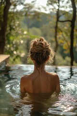 Woman Relaxing in Jungle Hot Spring with Sun Flare Bokeh