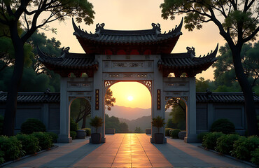Obraz premium tranquil chinese gateway dusk softly illuminated warm golden hour light lush greenery intricate carvings filling frame