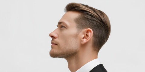 Fototapeta premium Side view of confident modern businessman with slicked hair on white background.