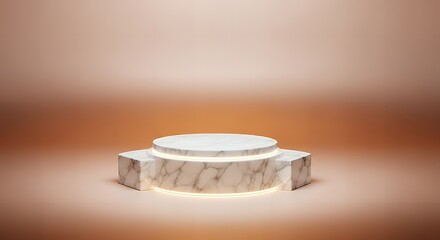 Elegant marble podium with soft lighting on a gradient peach backdrop