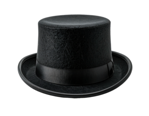 Black top hat with a smooth, textured crown and a ribbon band