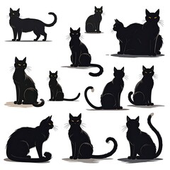 Collection of twelve stylized black cats in various poses against a white background