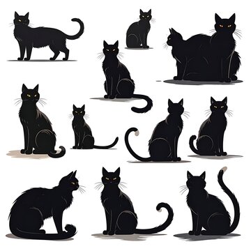 Collection of twelve stylized black cats in various poses against a white background