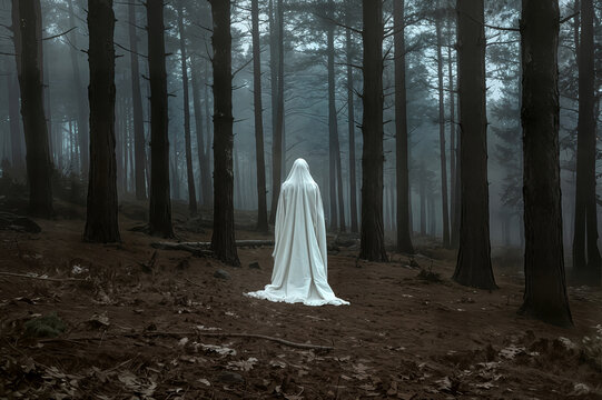 woman in halloween ghost costume in the forest concept mujer con disfraz de fantasma de halloween en el bosque femme d&eacute;guis&eacute;e en fant&ocirc;me d'halloween dans la for&ecirc;t hayalet