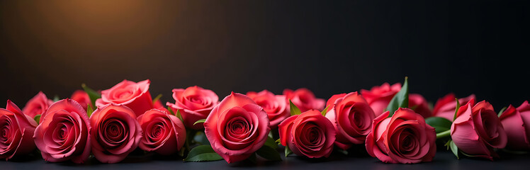 Fototapeta premium tightly packed bouquet vibrant roses spills across foreground deep inky black backdrop lit soft golden sunlight