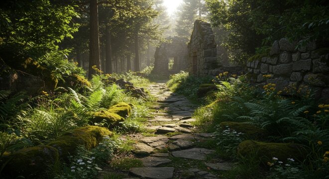 Stone pathway through forest with sunlight highlighting trees and vegetation leading towards ancient structure