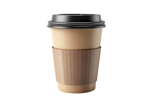 Convenient coffee to go with a black lid and cardboard sleeve, perfect for a quick caffeine boost during a busy day, stay energized with this portable coffee cup