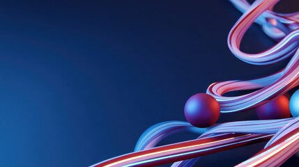 Abstract colorful swirls and spheres creating a dynamic visual effect against a dark blue background