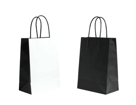 Two blank paper shopping bags, one white, one black,  with handles