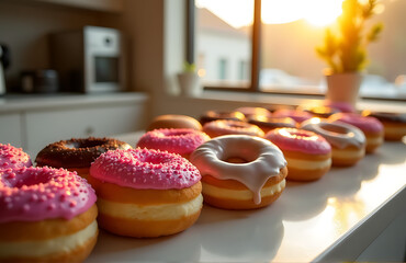 tantalizing array vibrant donuts sit atop gleaming glass counter warm golden morning light blurred