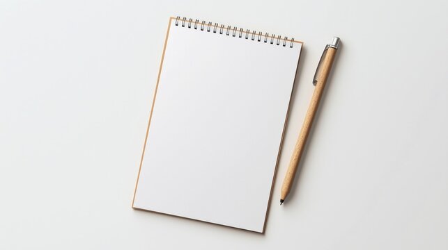 Blank spiral notebook and wooden pen on white surface - Powered by Adobe