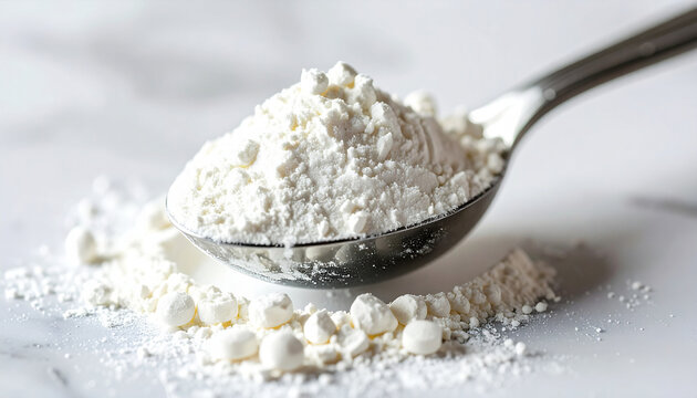 White powder supplement in scoop. Hydrolyzed collagen, sodium benzoate, citric acid