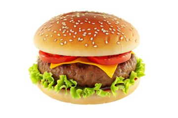 Delicious juicy hamburger with fresh toppings, perfect for enticing food ads and restaurant promotions, tempting burger lovers with its classic appeal and vibrant colors