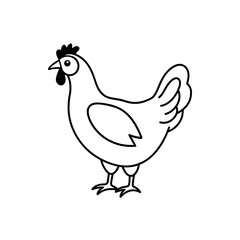 Simple line drawing of a chicken with a comb and wattle standing on its feet in a white background on transparent background