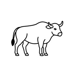 Illustration of a standing bull with horns and a tail in black outline on a white background image view on transparent background