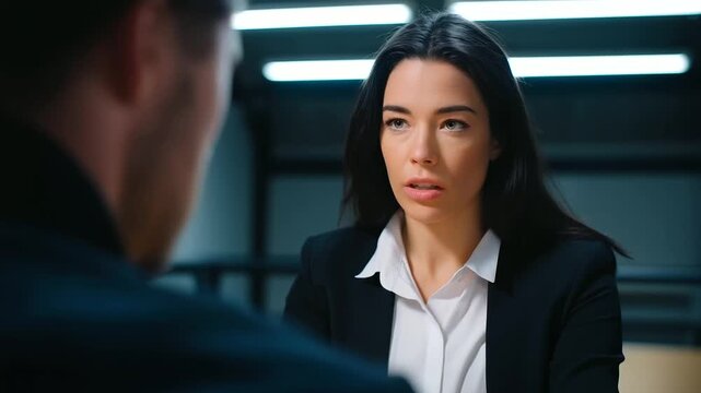 An investigator interviewing an angry female prison inmate expressions intense across a stark interrogation table cold fluorescent light casting sharp shadows atmosphere of