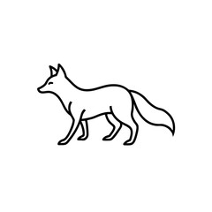 A simple line drawing of a fox in profile, facing left, with a bushy tail and pointed ears, isolated on white on transparent background