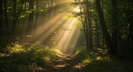 Obraz premium Sunlit forest pathway with radiant beams of light filtering through lush trees and vibrant foliage creating a tranquil environment