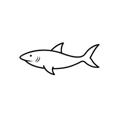 A simple black outline drawing of a shark with a dorsal fin and tail fin swimming to the left side on transparent background
