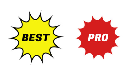 Two promotional starburst badges on transparent background. yellow 'BEST' and red 'PRO'. Bold sale labels for banners, product tags, promotions, marketing, discounts, labels, stickers and web graphics