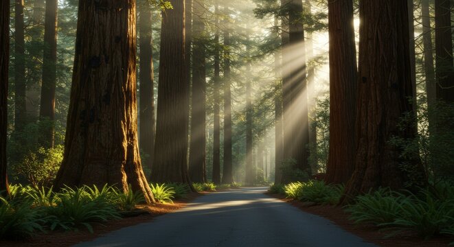 Sunlit path through tall trees with dappled sunlight creating a serene forest scene for various applications