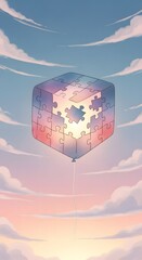 Puzzle Cube Floating in a Dreamy Sky with Clouds.