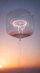 Glowing jellyfish balloon floating in the sunset sky.