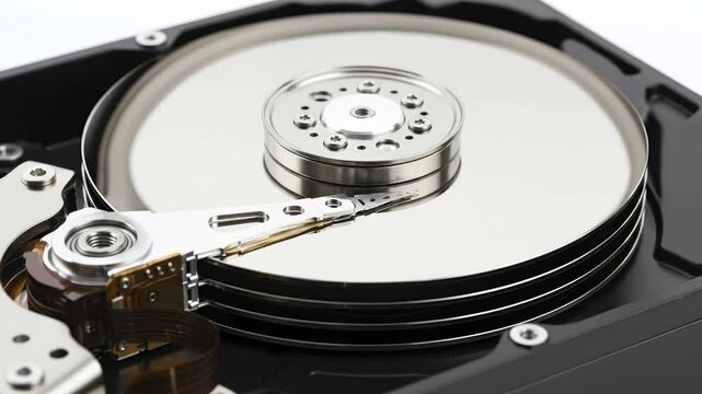 Open hard drive with platters readwrite head visible mounted in its case