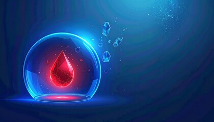 Geometric Red Drop Encased in Blue Sphere, Floating in Abstract Space