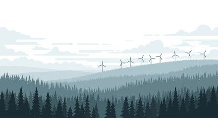 A serene landscape featuring rolling hills covered in evergreen trees, with a line of wind turbines on the horizon under a cloudy sky.