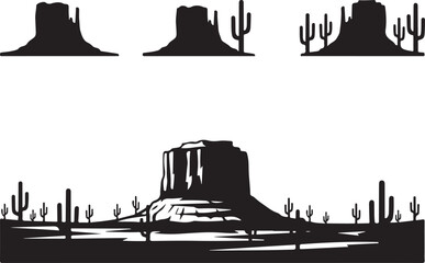 Fototapeta premium Silhouette of Desert Scenery: A collection of desert landscapes and iconic rock formations, stylized into bold, contrasting silhouettes. showcasing nature's unique forms.