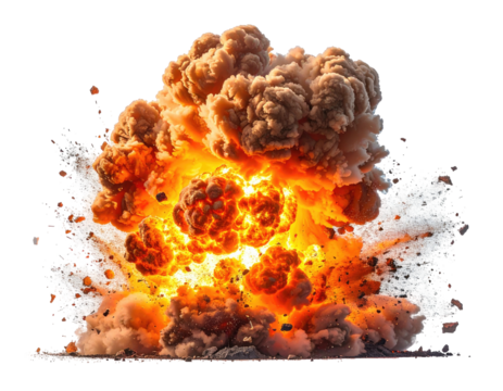 Massive explosion with fiery orange core and billowing brown smoke