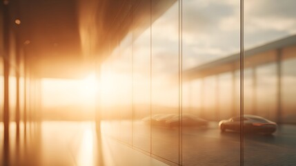 Luxury charging hub blurred interior glowing in soft golden autumn light,