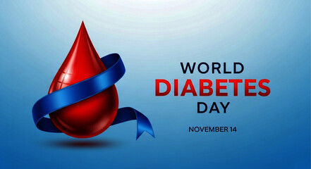 Red Blood Drop with Blue Ribbon for World Diabetes Day Awareness