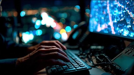 Person types on keyboard with screen  desk phone visible city lights blurred in background