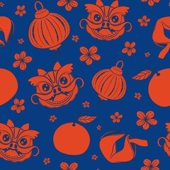 Seamless pattern with Traditional Chinese dragon, lanterns, oranges, fortune cookies, and blossoms. Lunar New Year print, Festive background, Perfect for wrapping, packaging, stationery, fabrics.
