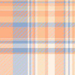 Pastel plaid pattern featuring orange, blue, and cream. Suits textiles, backgrounds, or decorative projects. Soft colors evoke a feeling of calm.