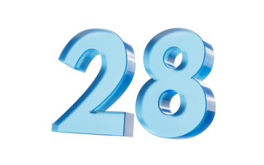 3d Glossy Blue number 28 with a smooth finish and reflective highlights. 3d illustration