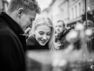 Street photo of a couple in love smiling people looking in a shop window choosing gifts. Emotions, festive holiday atmosphere, love and happiness.